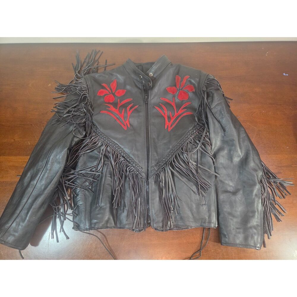 Barnes Daytona Womens Leather Fringe Motorcycle Jacket Western Floral Size Med